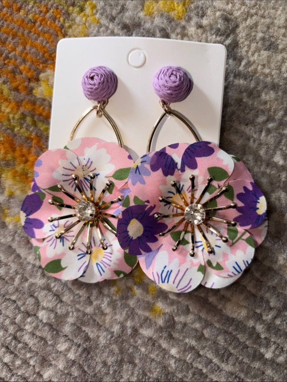 Pink & Purple Floral Drop Earrings with Gold Accents